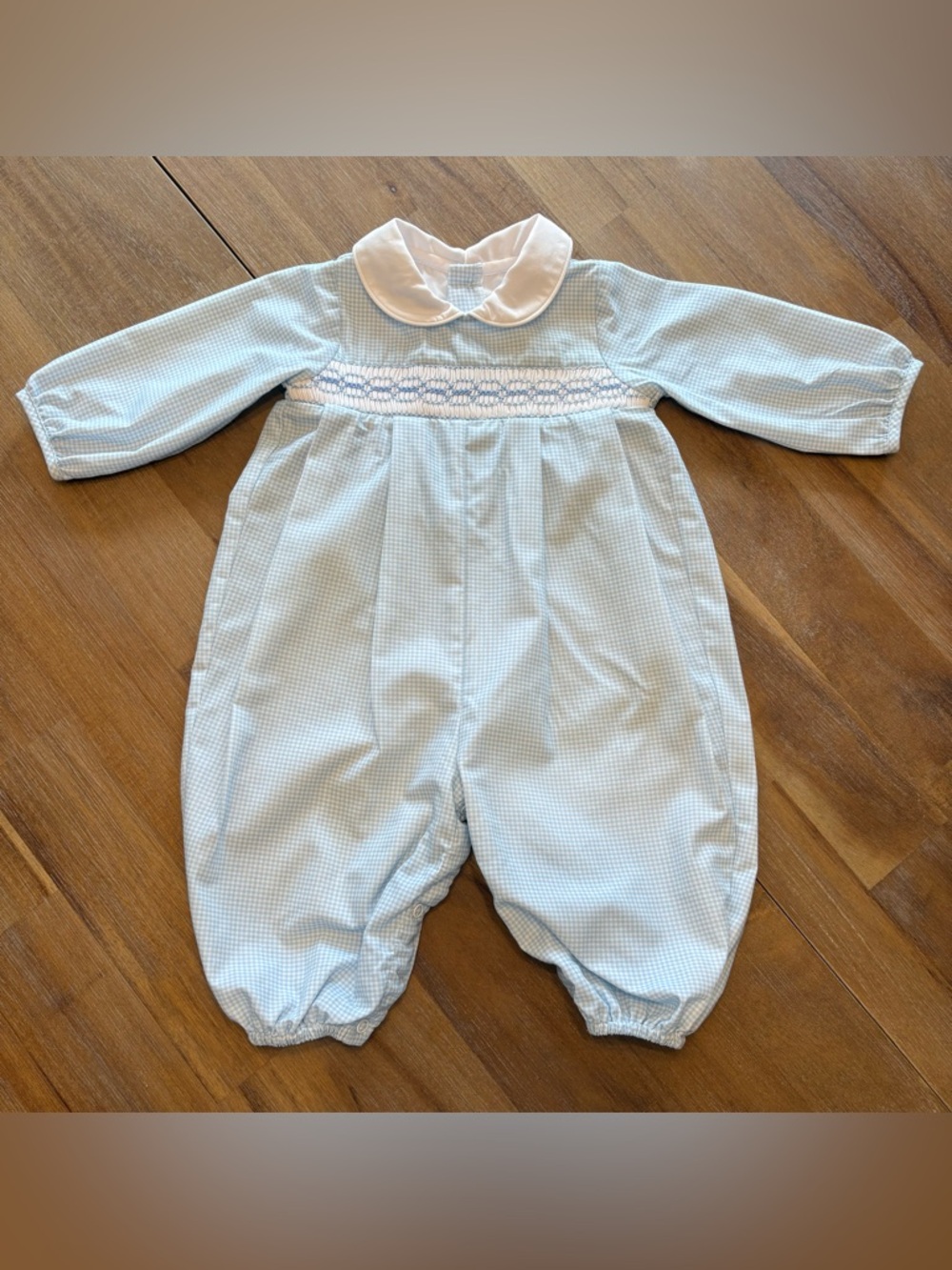 Lullaby Set Classic Blue Gingham Smocked Baby One-Piece with White Collar